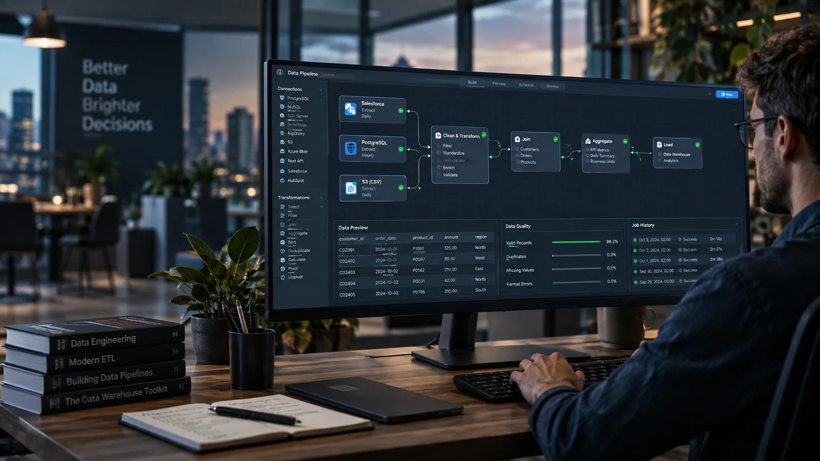 A data engineer building a visual extraction and transformation pipeline on a wide display with interconnected source nodes, table previews and quality indicators, sophisticated real workstation