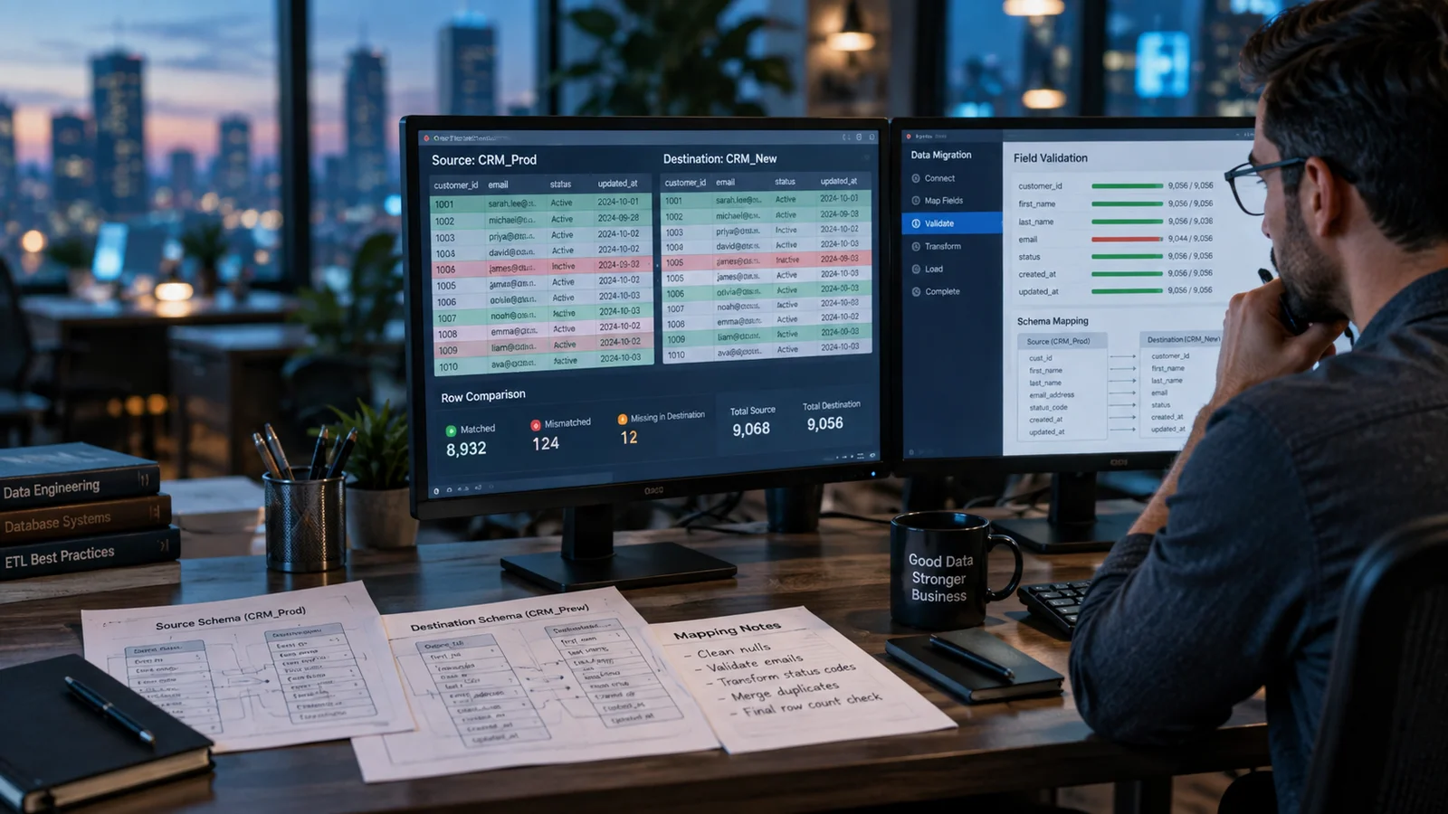A data specialist reconciling source and destination database tables across two monitors, row comparison highlights and validation totals, printed schema diagrams on the desk