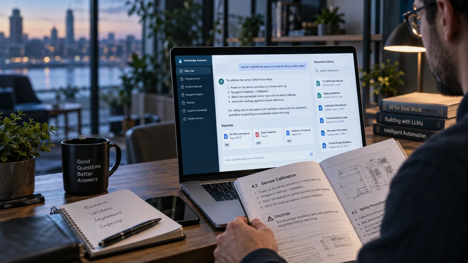 A knowledge assistant workspace on a large laptop showing a document-grounded answer with visible source cards and a document library, researcher comparing the answer with a printed manual