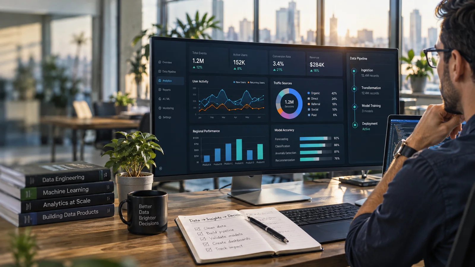 An analyst's widescreen workstation showing an intricate operational analytics dashboard with clearly different charts, visual data relationships and physical notebook in a sunlit office