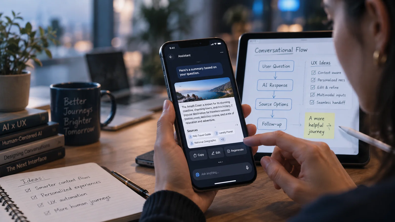 A designer testing a conversational assistant prototype on a real smartphone, screen showing answer card with source chips and edit controls, conversation flow sketches on tablet behind it