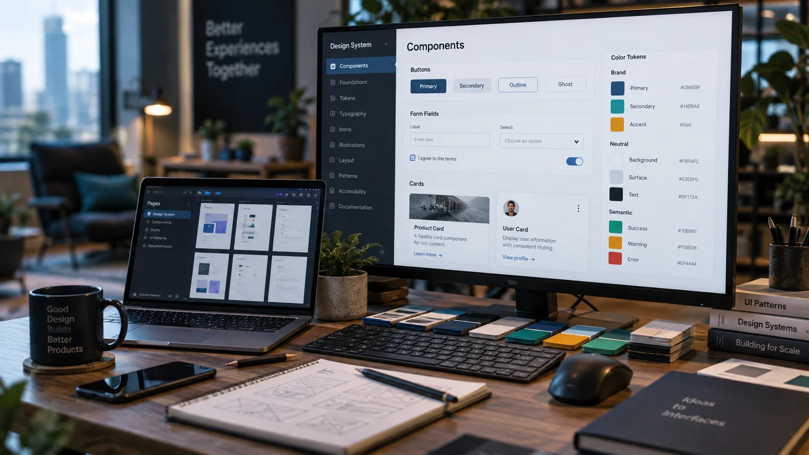 A highly organized design workspace featuring a widescreen component library with buttons, form fields, cards and color tokens, matching physical swatches arranged beside the keyboard