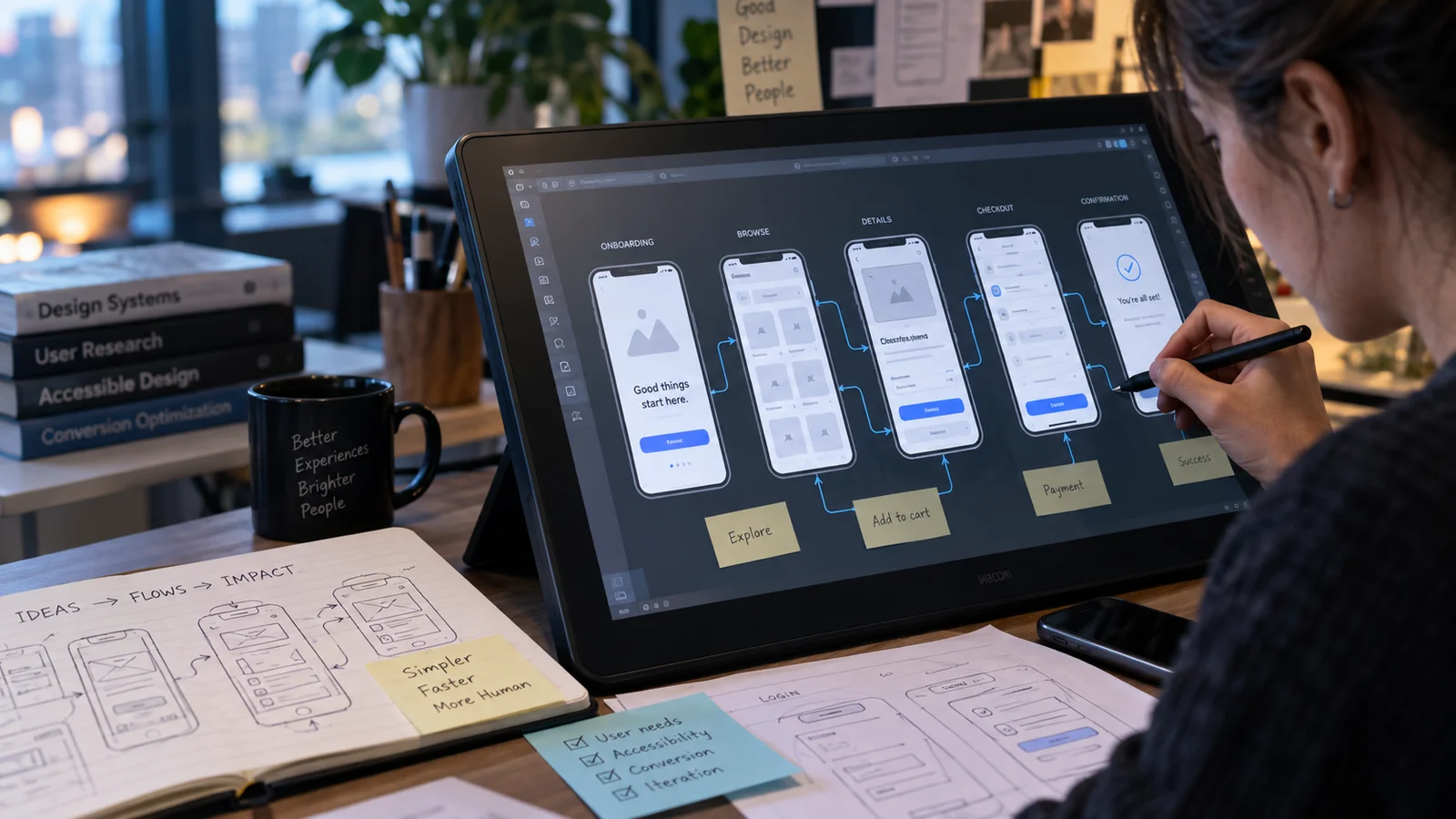 A UX designer using a stylus on a pen display showing multiple connected mobile wireframe screens and interaction states, paper sketches and sticky notes nearby, close editorial angle