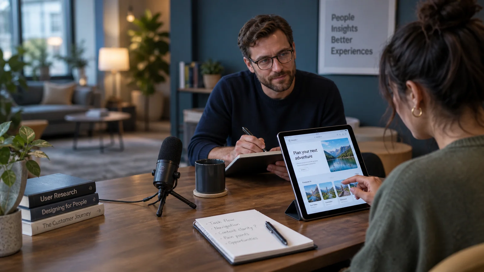 A moderated usability research session: researcher observing a participant use a tablet, discreet notebook with observations, recording microphone on table, welcoming studio setting
