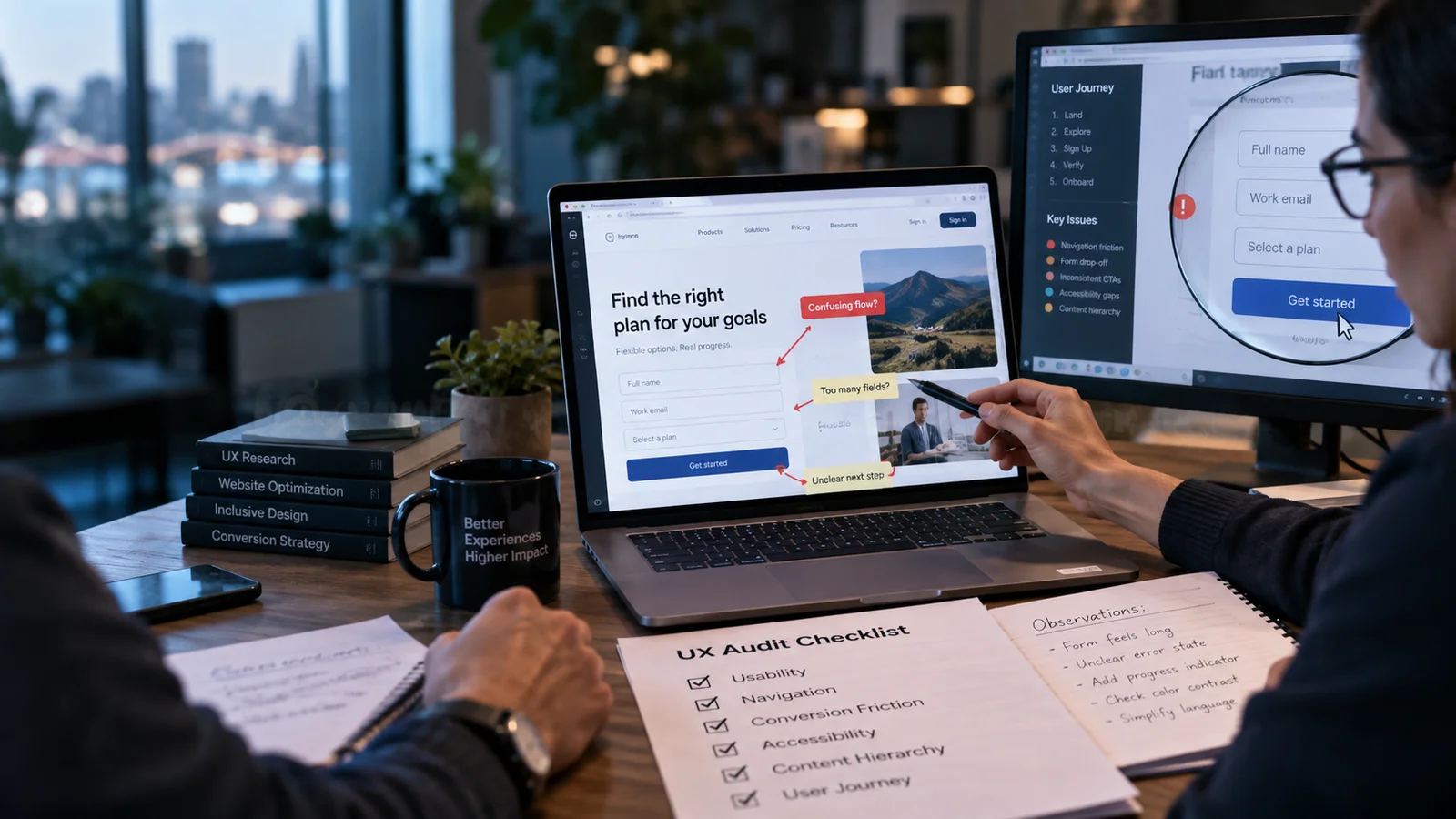 A laptop website review with visible annotated interface hotspots and a printed checklist, analyst pointing to a confusing form flow, magnified page details on secondary display