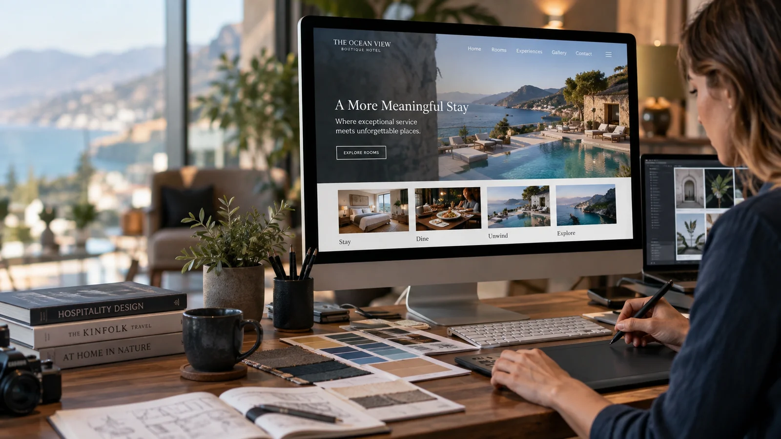 A web designer composing an elegant hospitality website on a large monitor with beautiful hotel imagery, physical color swatches and a drawing tablet, warm natural studio light