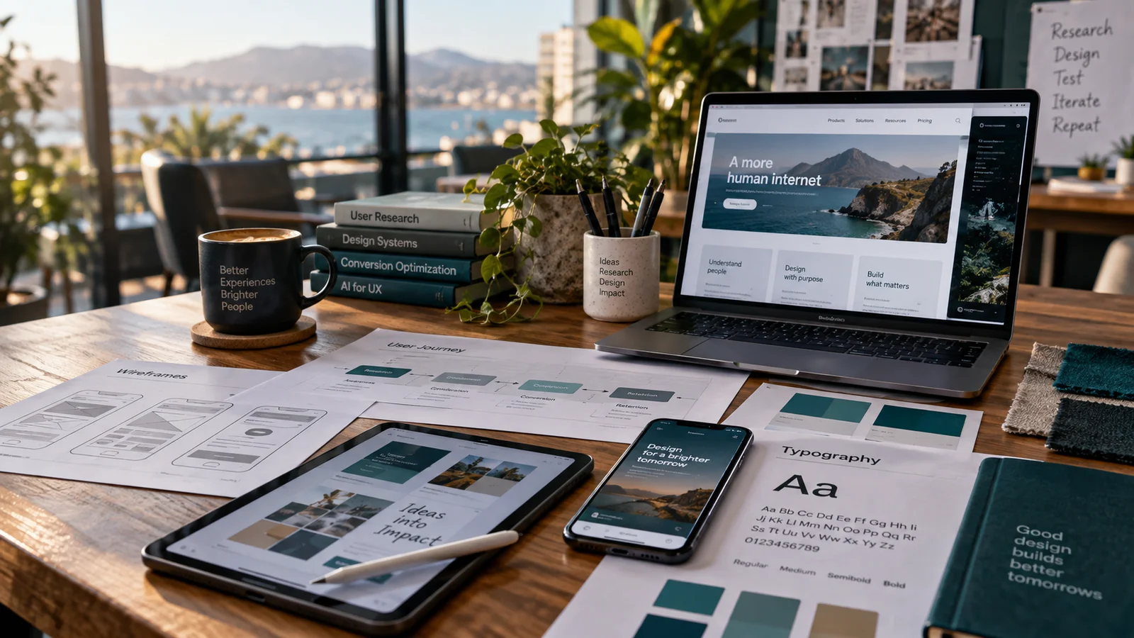 A premium design studio material board with printed interface wireframes, typography swatches, a stylus tablet and polished mobile interface prototypes, warm daylight and teal materials