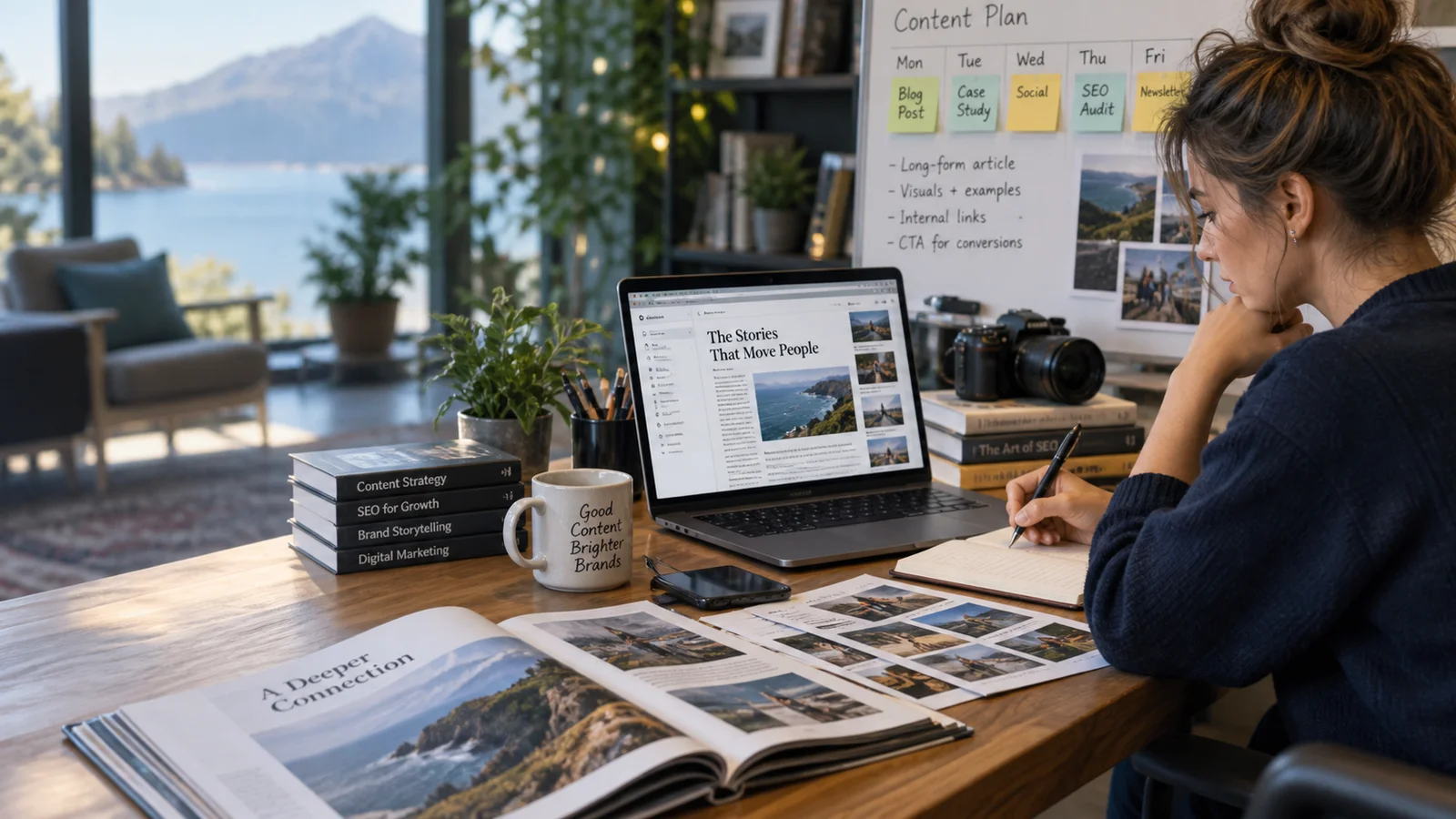 An editorial writer at a beautiful wooden desk drafting an illustrated long-form article, open printed magazine, photography selects and content calendar, warm natural side light