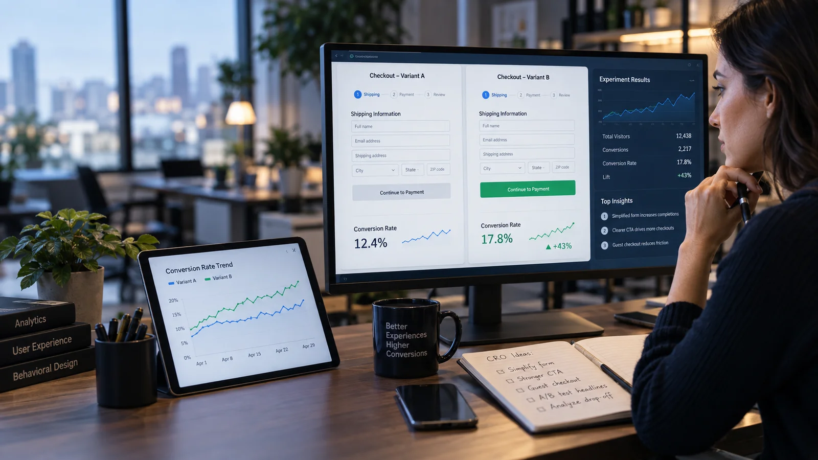 A conversion analyst comparing two distinct checkout page variants side by side on a widescreen monitor, experiment trend chart on a tablet, real office environment and careful visual analysis