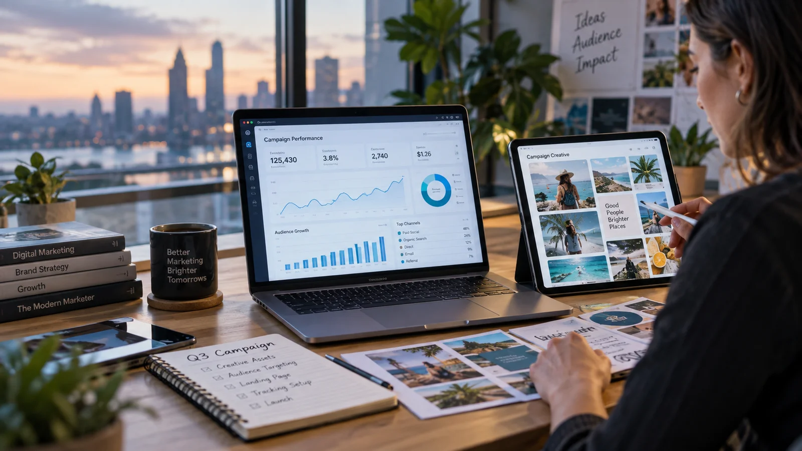 A marketing professional comparing campaign creative previews and acquisition analytics across a laptop and tablet, vibrant lifestyle campaign photography and social content drafts on desk