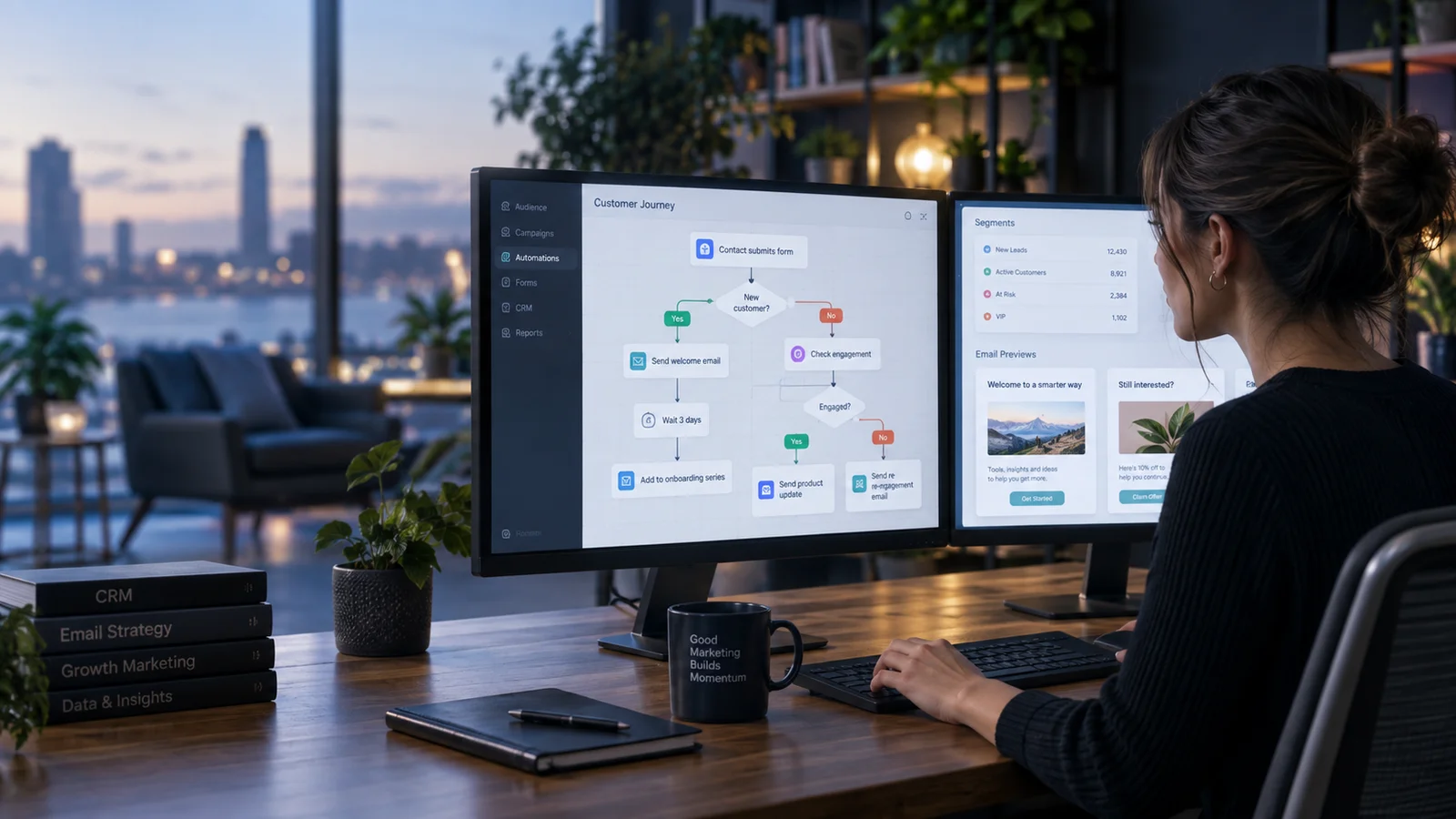A lifecycle marketer configuring a clear visual email automation flow with branching trigger nodes on a widescreen display, customer segment cards and email previews on secondary screen
