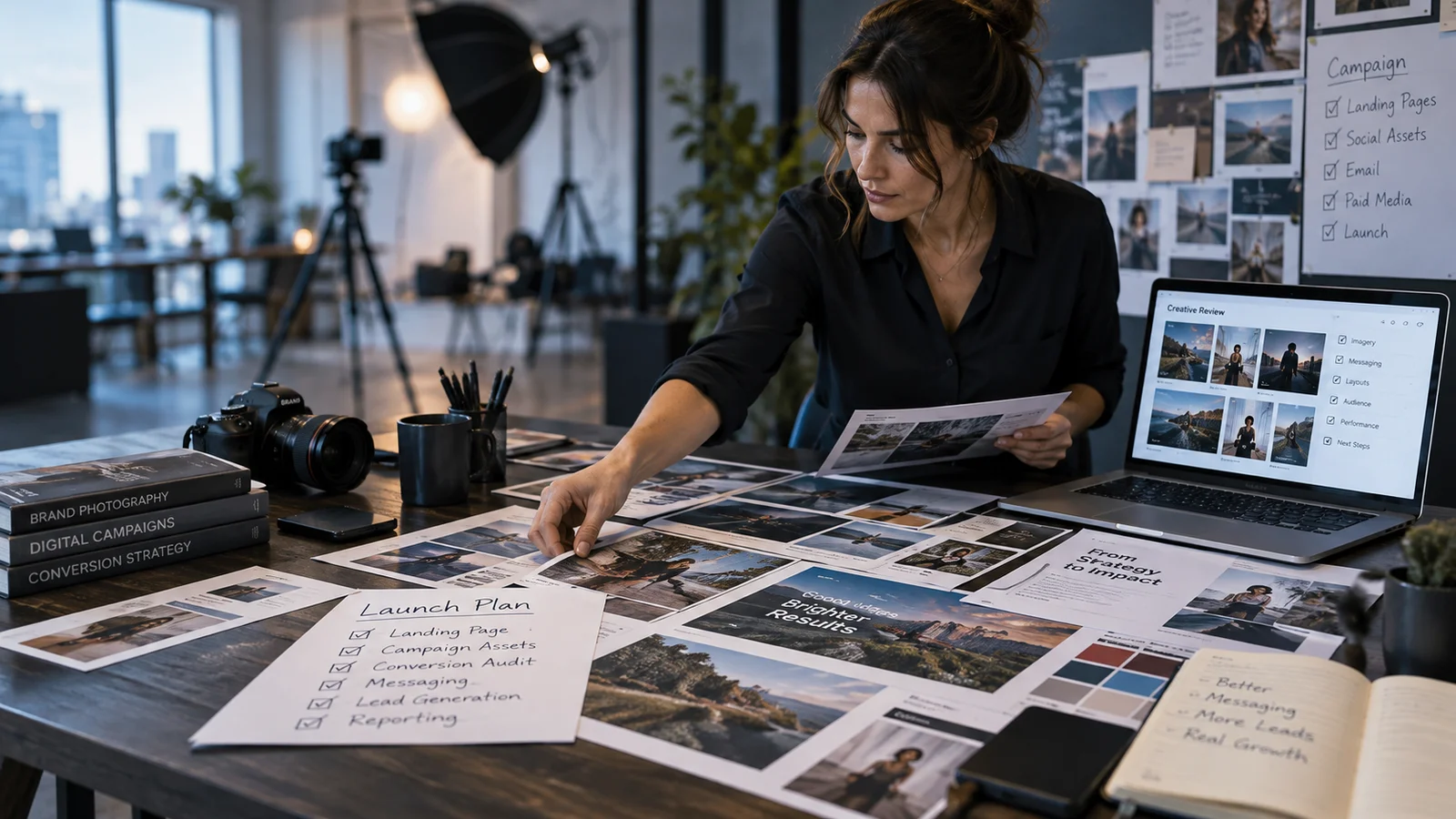 A campaign production studio with brand photography prints, landing page mockups and a laptop showing a creative asset review board, marketer organizing materials into a launch plan