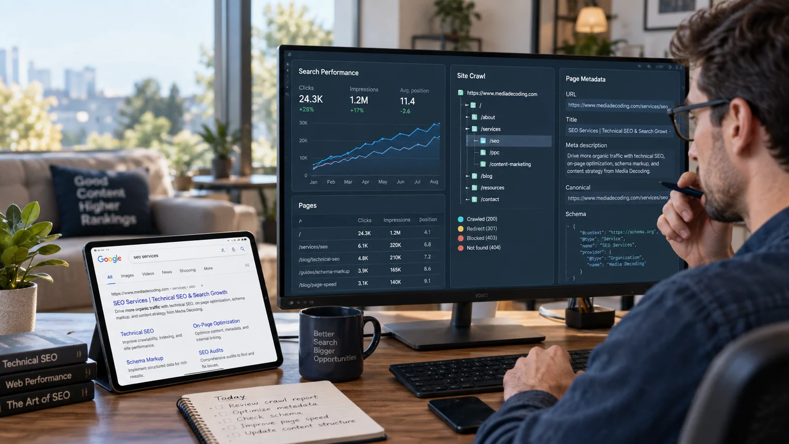 An SEO analyst reviewing a search performance chart, website crawl tree and page metadata panel on a monitor, a real search result preview on a nearby tablet, daylight home-office editorial