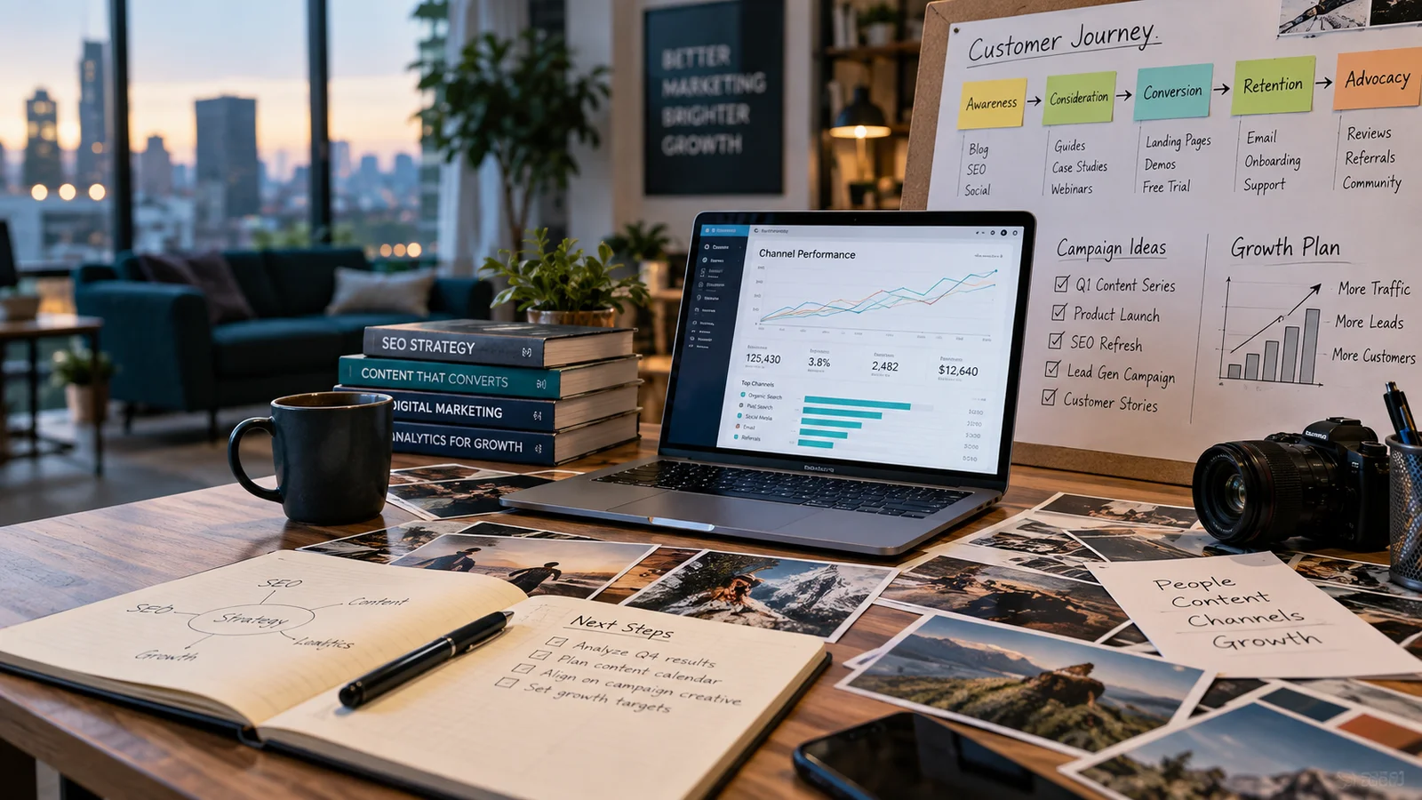 A creative marketing planning table photographed at an angle, customer journey board, campaign photography contact prints and laptop displaying channel analytics, warm editorial atmosphere