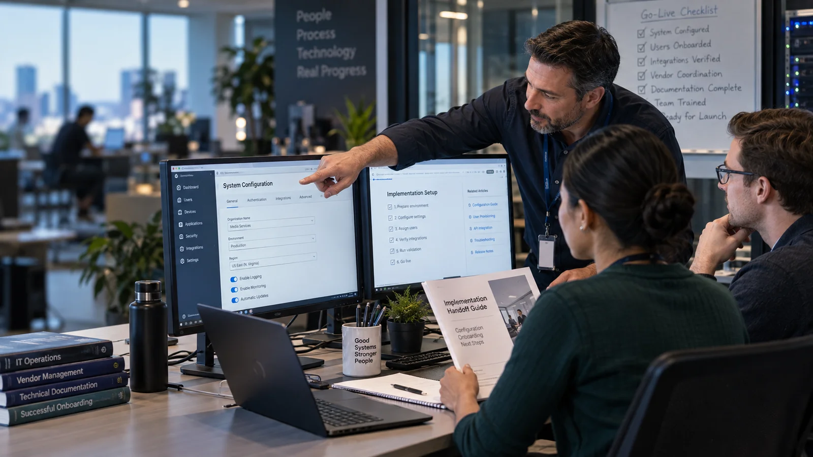 An experienced implementation specialist onboarding an internal team at a shared workstation, system configuration screen, printed handoff guide and collaborative learning atmosphere