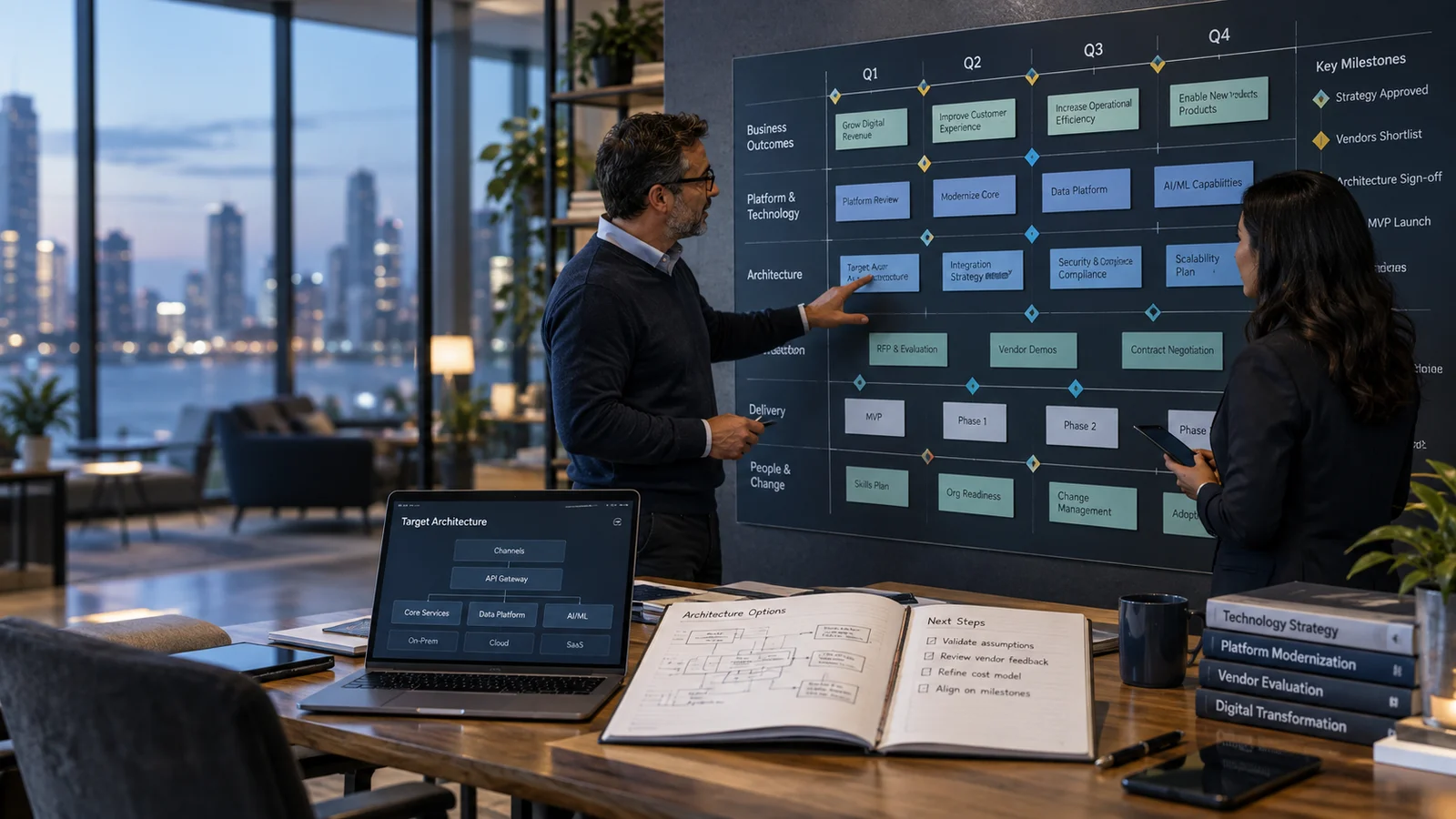 Two business technology leaders discussing a multi-quarter roadmap on a large planning wall, rows of initiative cards and milestone markers, an open architecture notebook on table