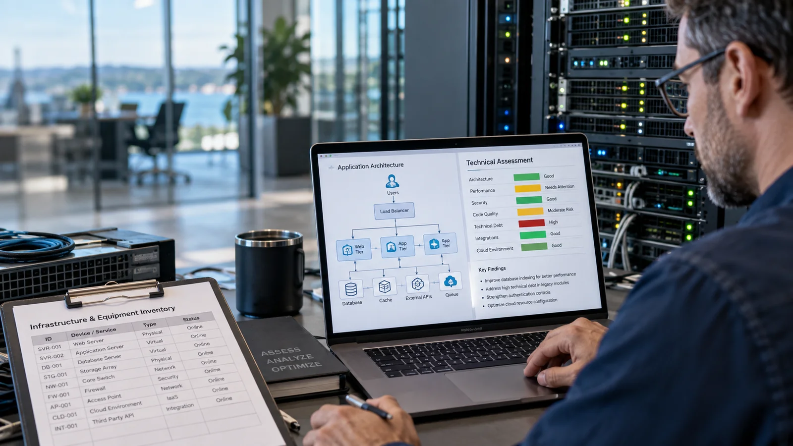 A consultant inspecting an application architecture diagram and technical assessment report on a laptop, equipment inventory clipboard and server cabinet in a bright client workspace