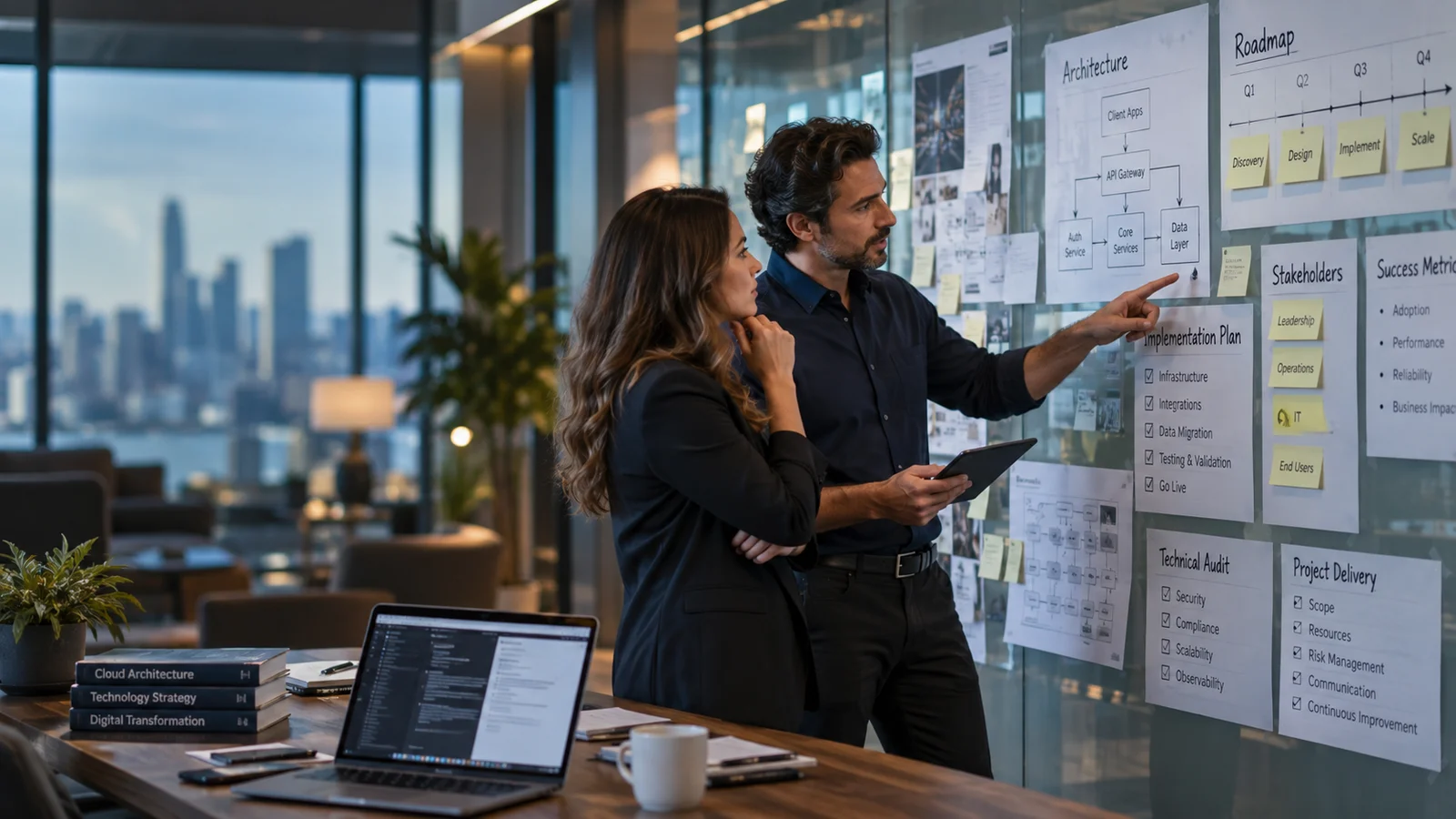 A technology consultant and business owner at a glass architecture planning wall, physical system diagrams and roadmap cards arranged across the right side in a sophisticated office