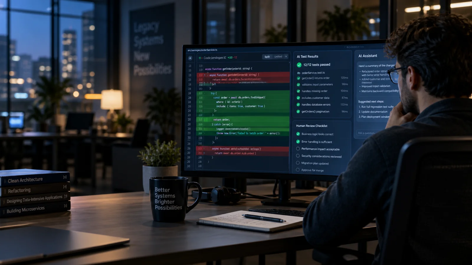 A software engineer reviewing an AI-assisted code diff on a wide monitor with green and red change lines, adjacent test results and human review checklist, realistic dark workstation