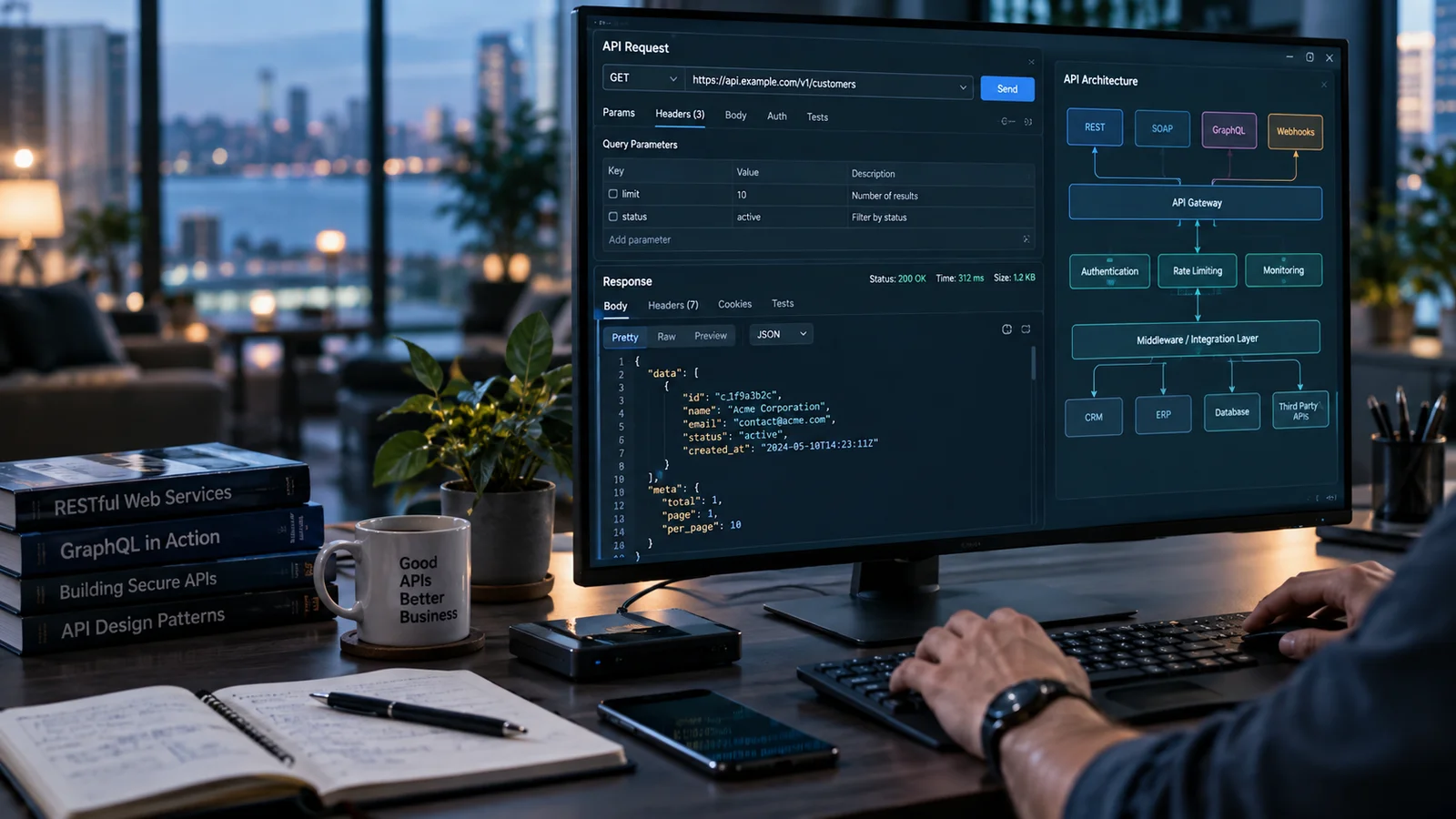 A developer workstation with a large monitor displaying an API request inspector, structured JSON response and endpoint diagram, hands testing a connection, macro view of tangible hardware details