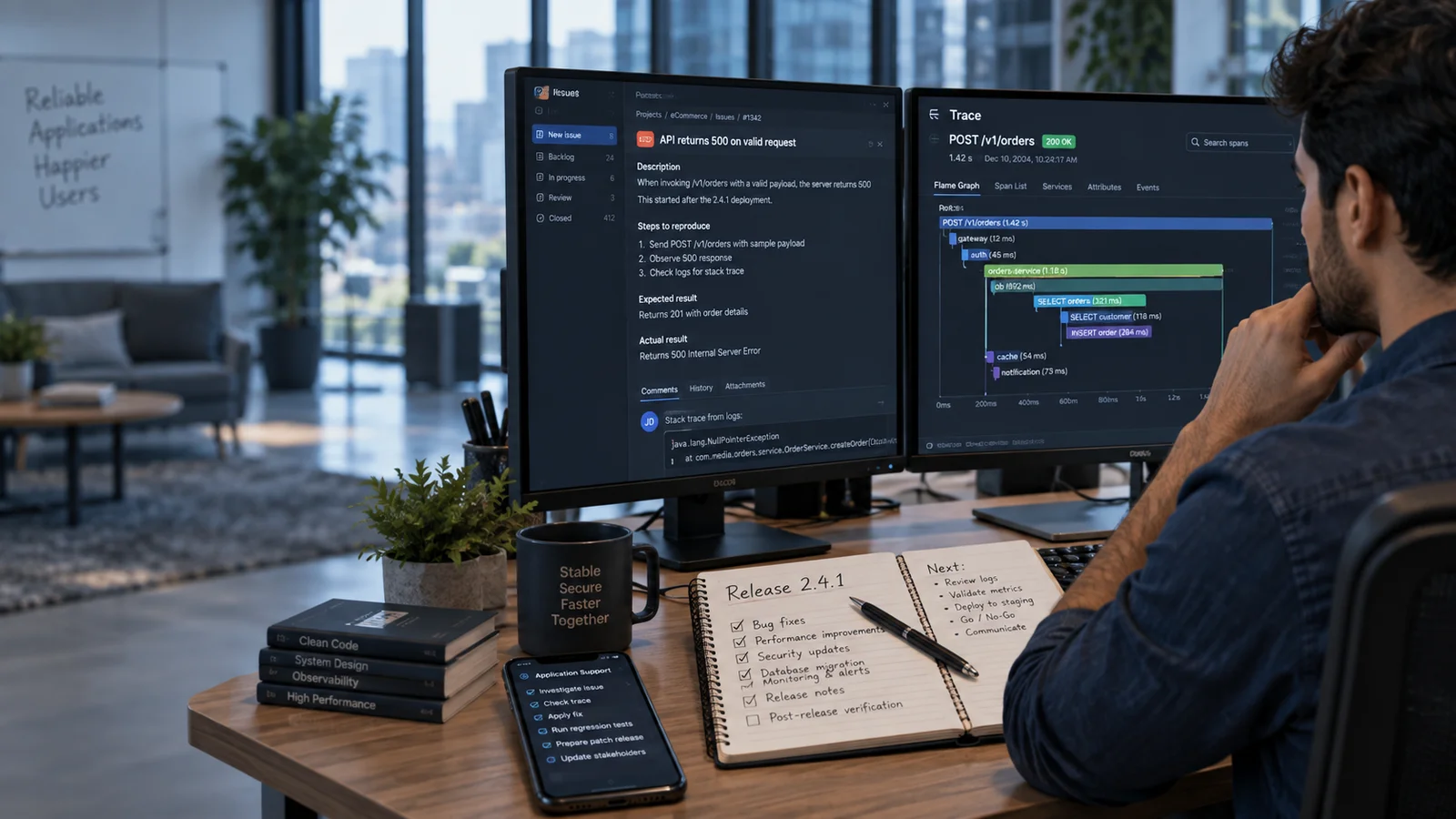 An application support engineer investigating a bug report on one screen and a performance trace on another, annotated release notebook and phone on desk, calm daytime office