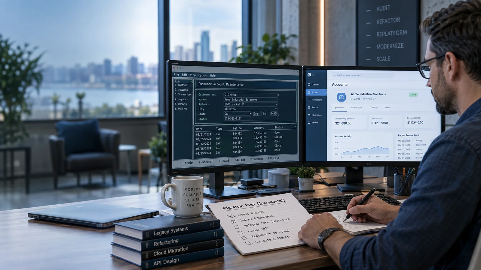 An engineer comparing a dense older desktop application on one display with a redesigned modern web interface on another, a tangible incremental migration plan on the desk, editorial photo