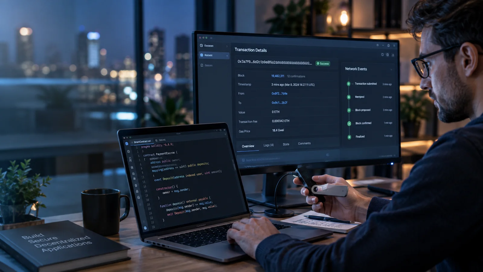 A security-minded developer testing a digital transaction flow on a workstation with a transaction explorer and connected hardware wallet, network event timeline on screen, restrained futuristic lighting, no coins