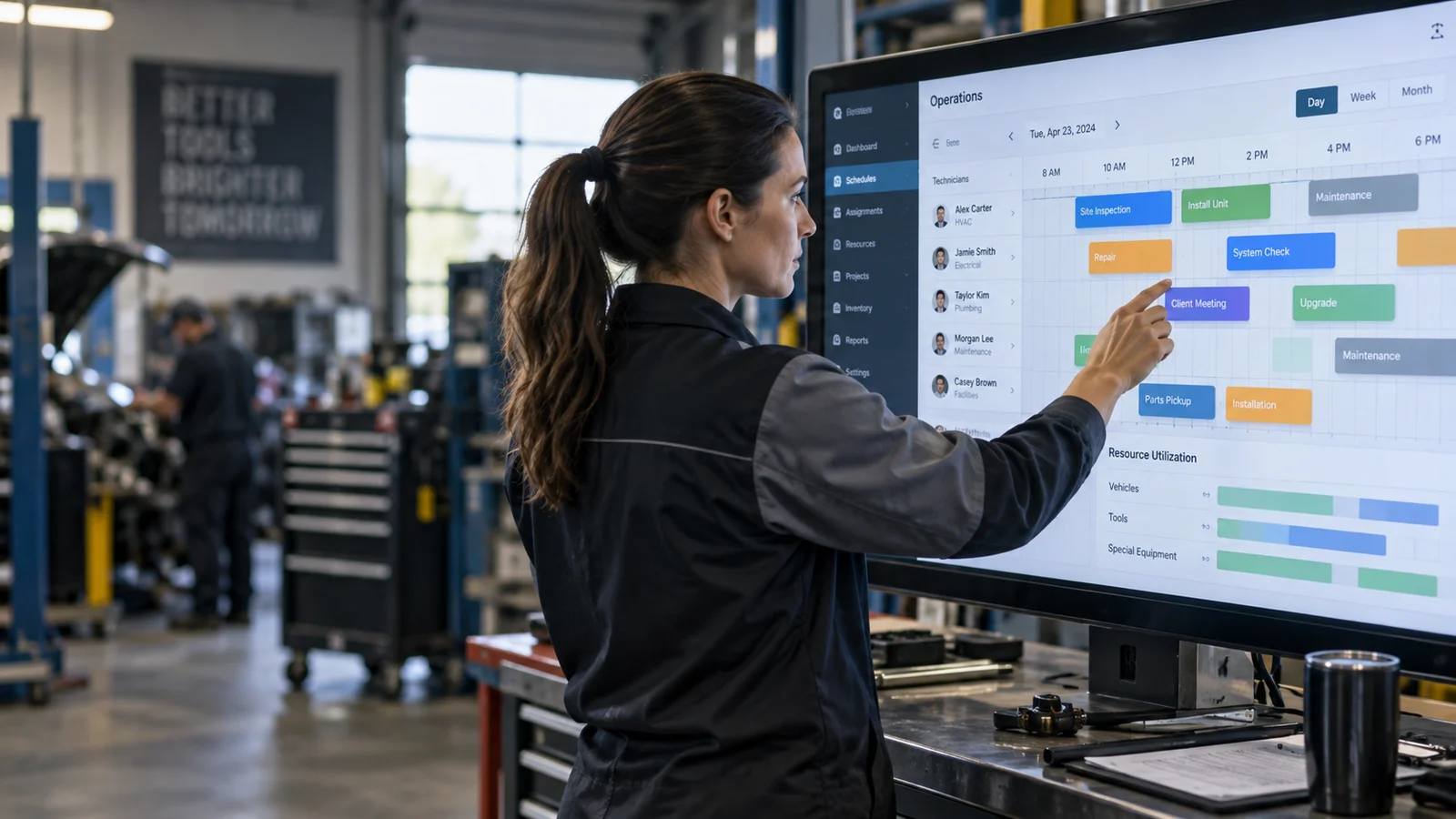 An operations manager using a custom scheduling application on a wide touchscreen in a contemporary workshop, visible assignment rows and resource timeline, practical business environment