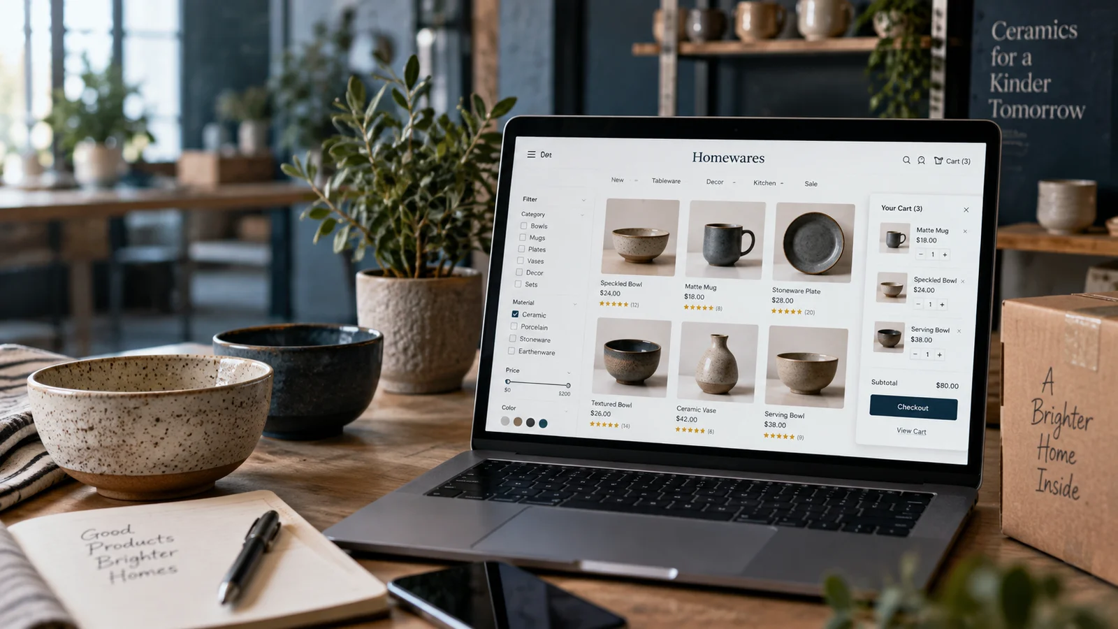 A beautiful desktop online store product grid for ceramic homewares with product photos, price details, filter sidebar and cart preview, beside actual ceramic bowls and a parcel on a real studio desk