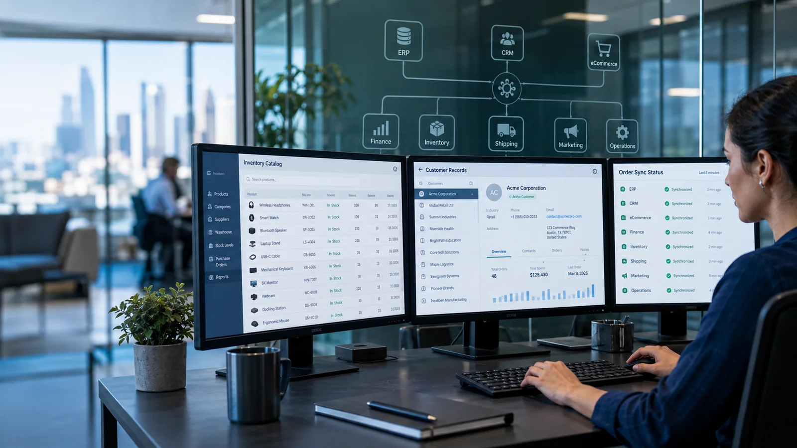 Three adjacent physical monitors at an integration workstation showing an inventory catalog, customer records and order sync status, subtle visual connection diagram on glass behind them