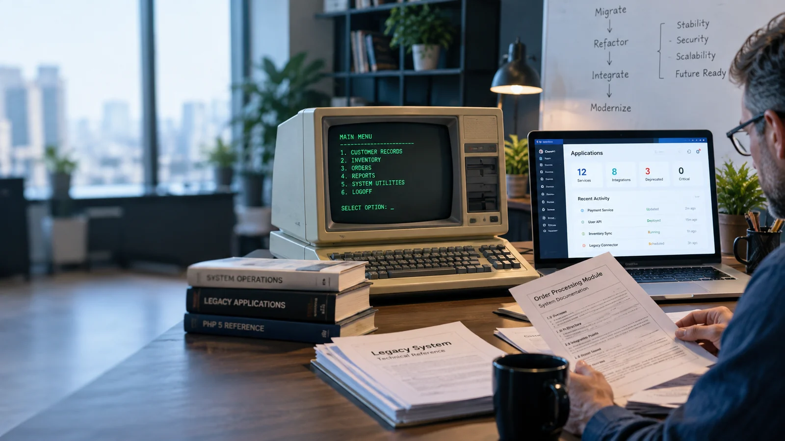 A vintage beige computer terminal beside a sleek modern laptop with a clean business application, engineer reviewing old printed system documents, realistic technology transition still life