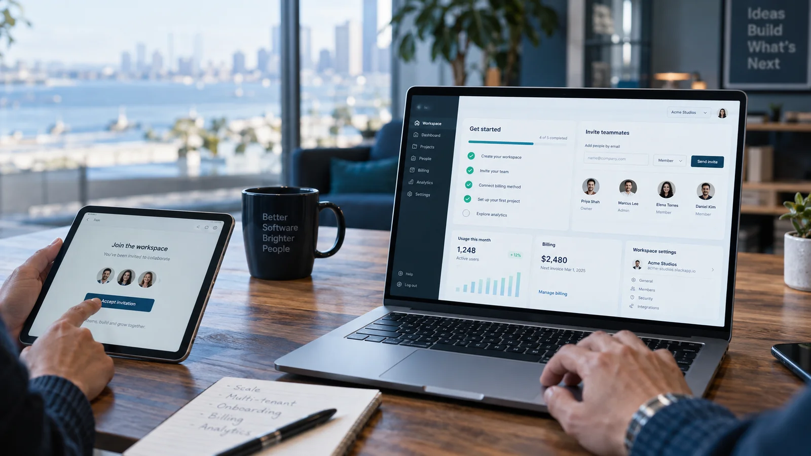 A polished subscription software workspace on a wide laptop display with onboarding checklist, team invitation avatars and workspace settings, a second person joining the workspace on a tablet