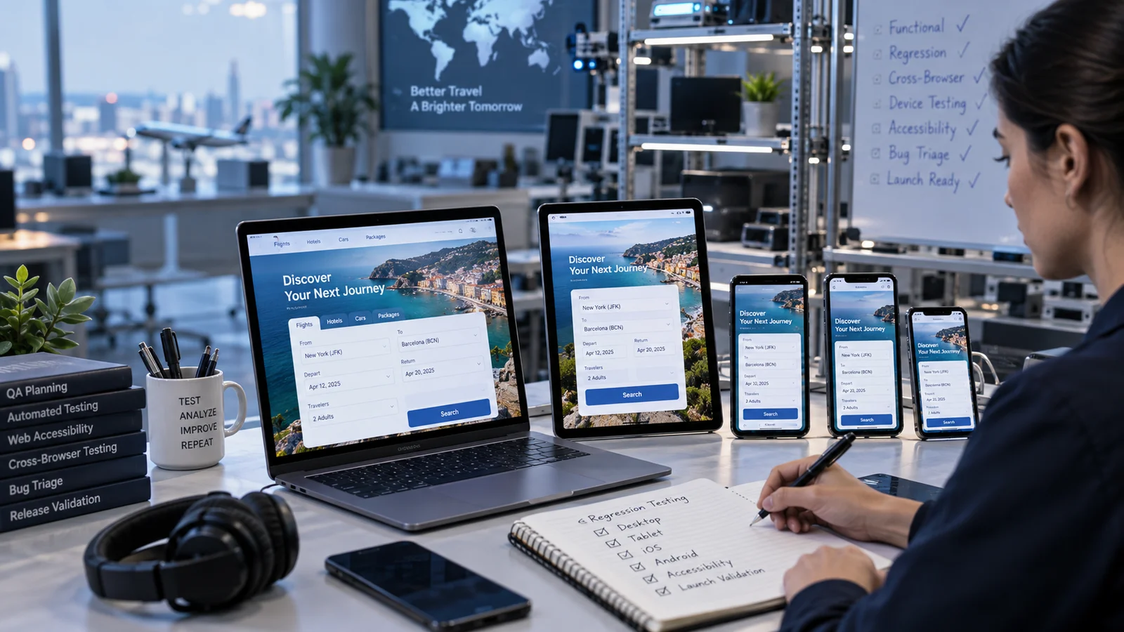 A real device testing bench with laptop, tablet and three smartphones showing the same travel booking form in different screen sizes, a QA specialist checking results, bright meticulous lab