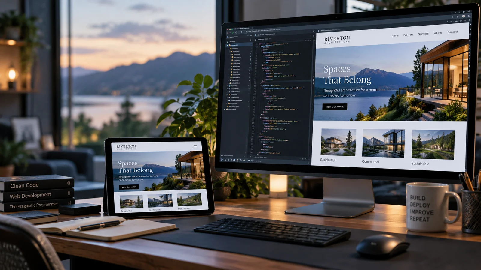A desktop monitor and smaller tablet on a clean developer desk, both showing the same beautifully responsive architecture company website with landscape photos and navigation, real code editor beside the preview