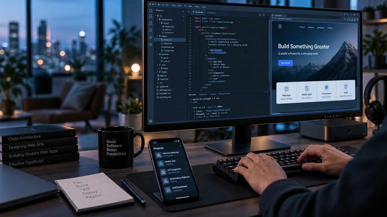 A close cinematic view of a software engineer's hands at a mechanical keyboard, a large monitor with a structured code editor and application preview on the right, blue evening studio light